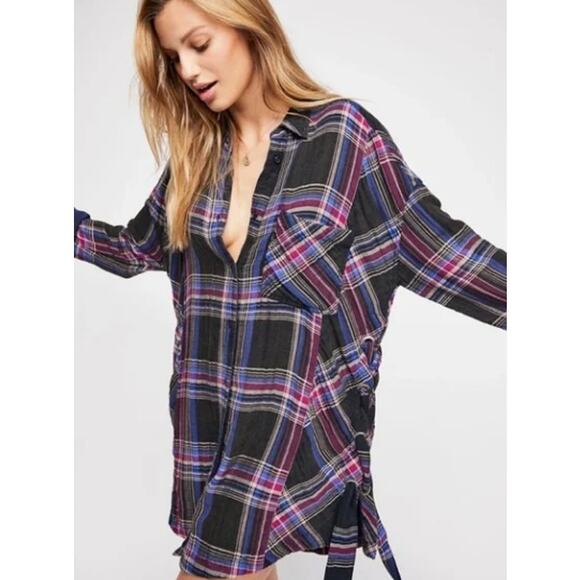 Free People Purple Multicolor Plaid Nordic Day Flannel Tunic Top Womens Small - Picture 1 of 7